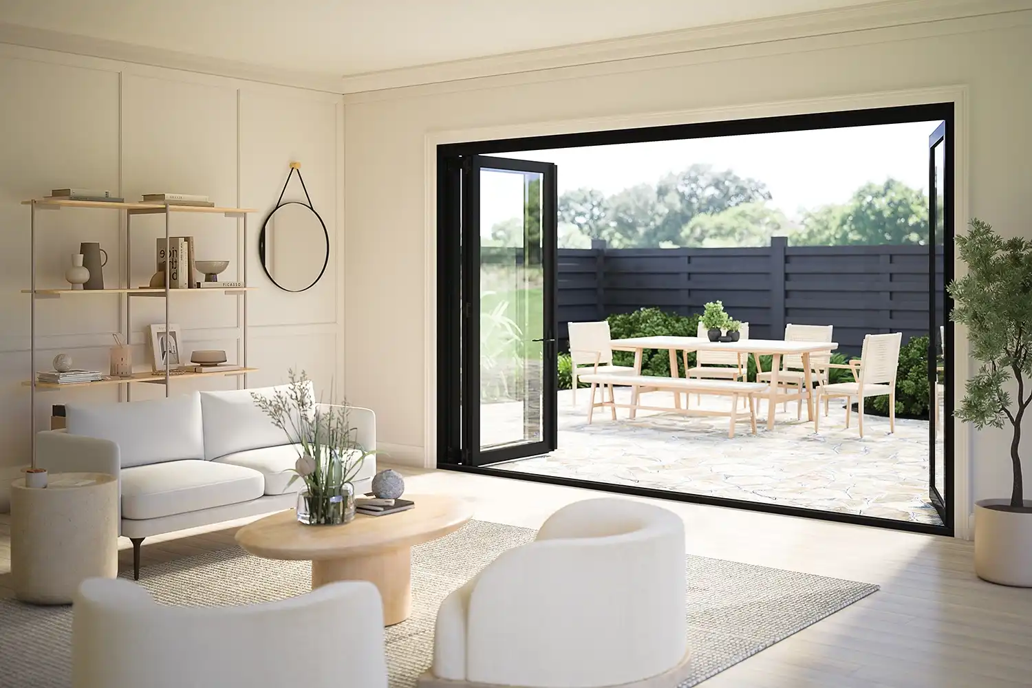 Interior view of an opened black Marvin Replacement four-panel bifold door.