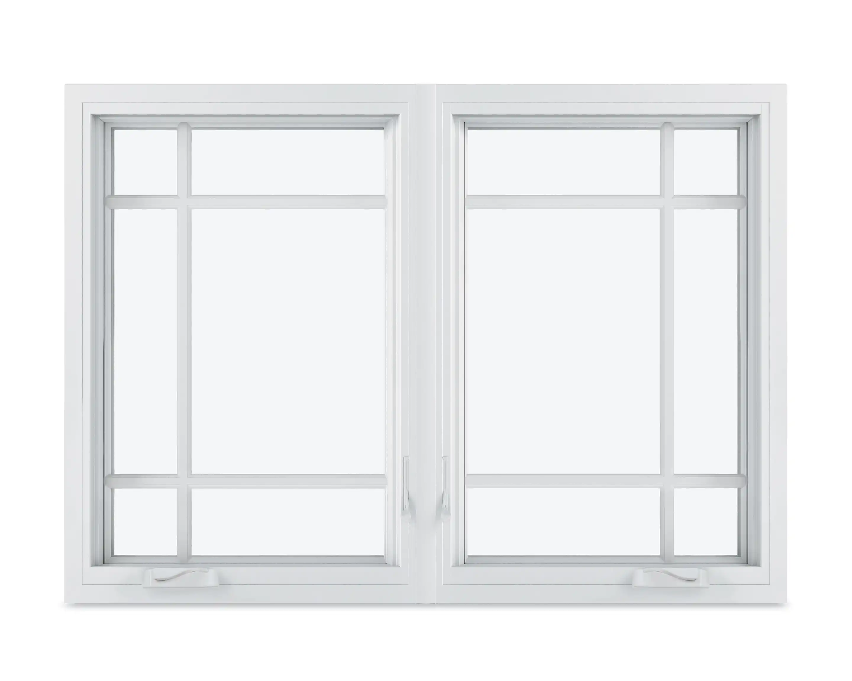 Image of two white Marvin Replacement Casement windows with a Prairie Two-Wide Six-Lite divided lite style.