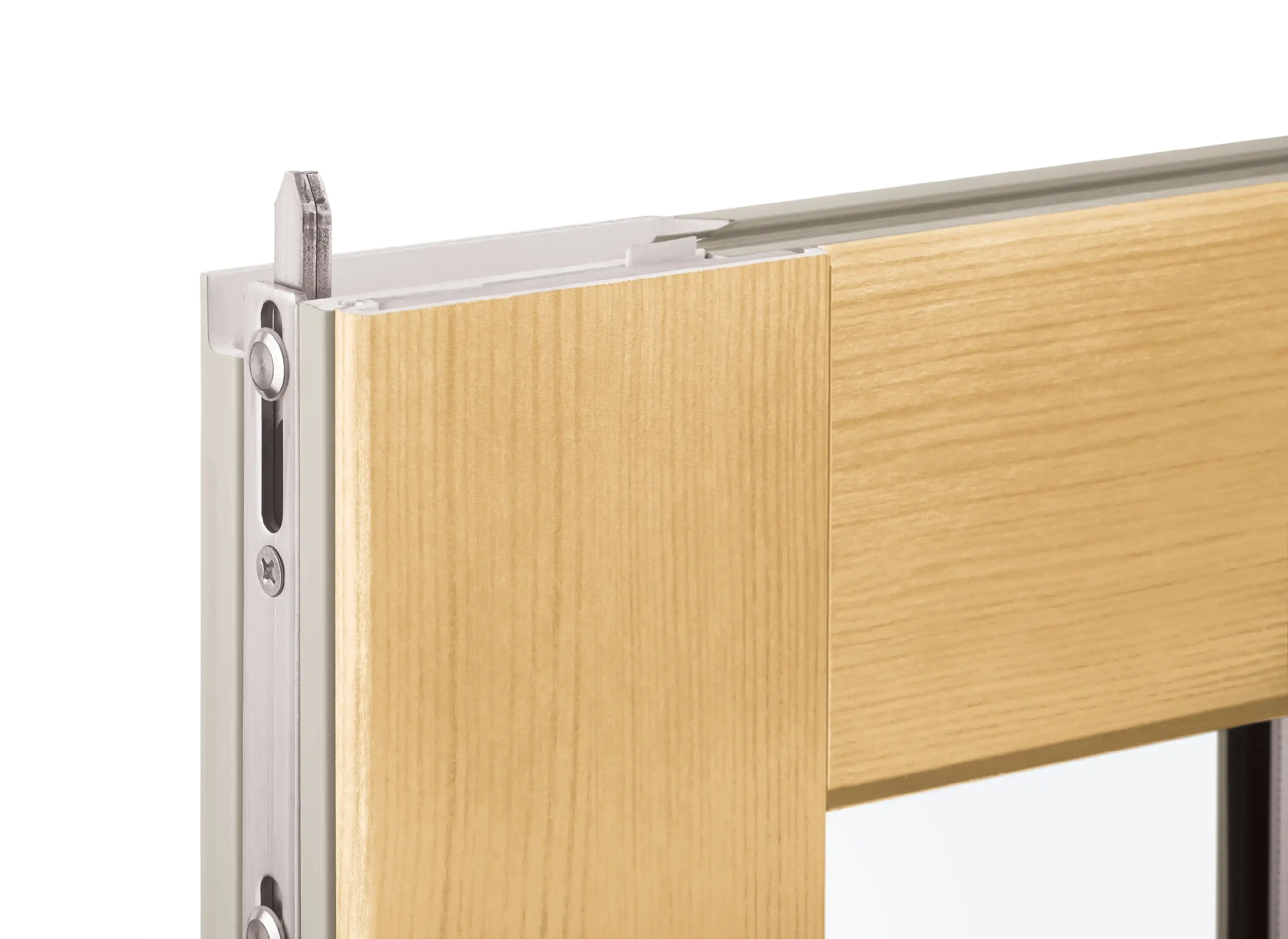 Close up of a Marvin Replacement multi-point patio door lock on a door with EverWood finish.