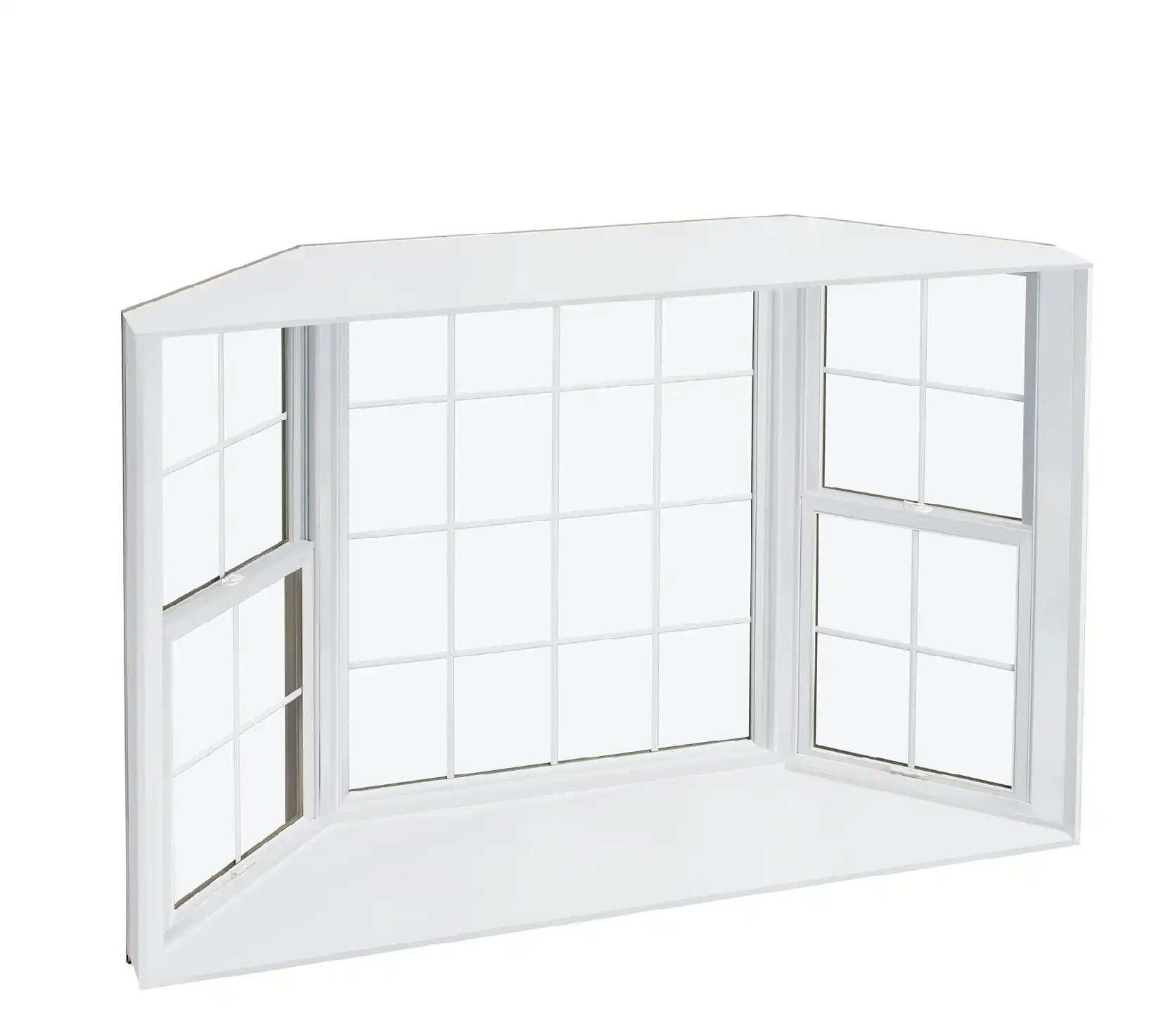 View of a white Marvin Replacement Bay window with flanking Double Hung windows featuring divided lites.