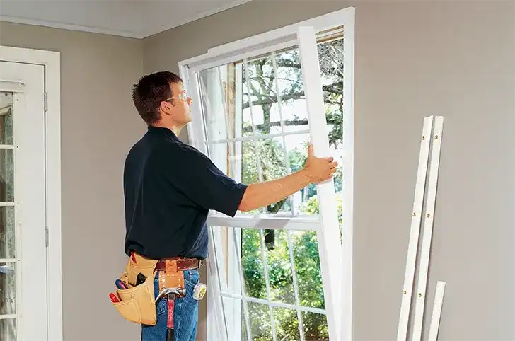 A man who looks like Tom Brady prepares to install a Marvin Replacement Double Hung window.