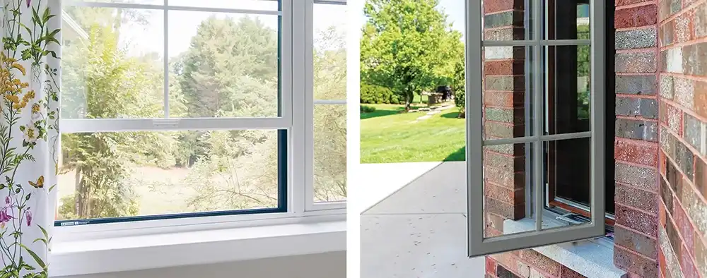 Image of a double hung window on the left side and an opened casement window in the right side