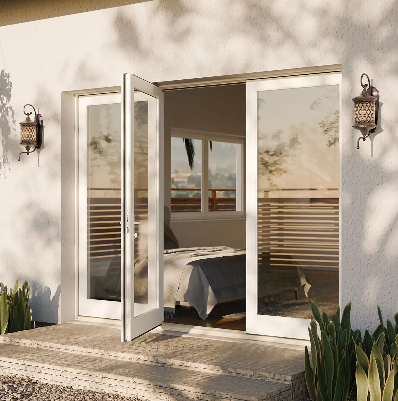 Exterior view of a white Marvin Replacement Exterior Outswing French door.
