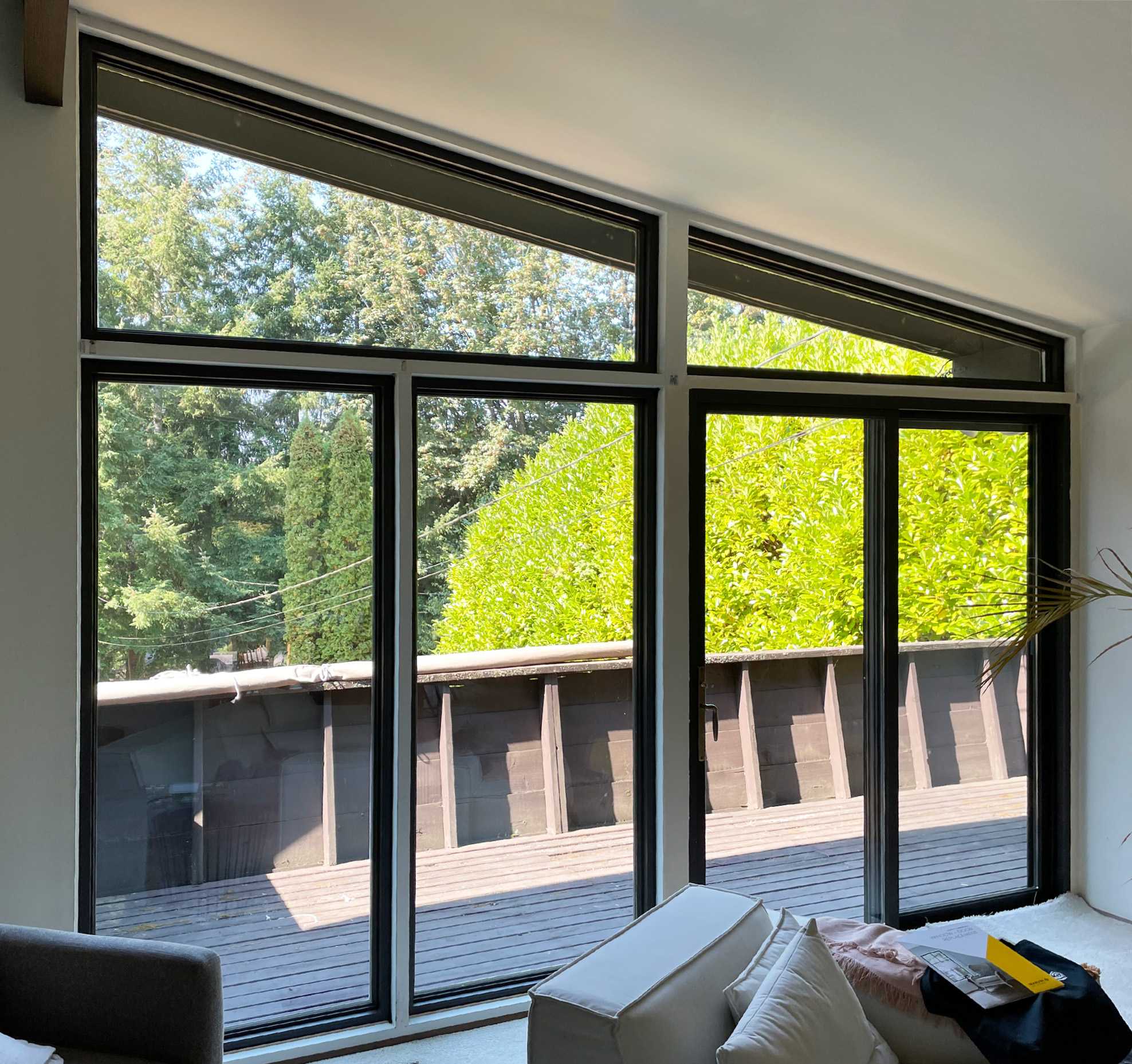 Interior view of installed Marvin Replacement Special Shape Windows in trapezoid shapes.