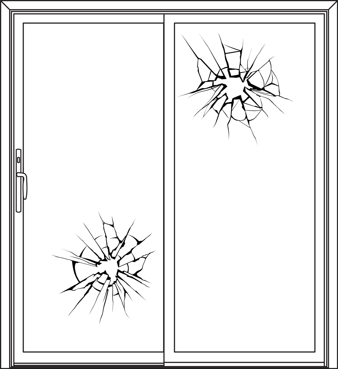 A line drawing of a sliding door with cracks in the glass.