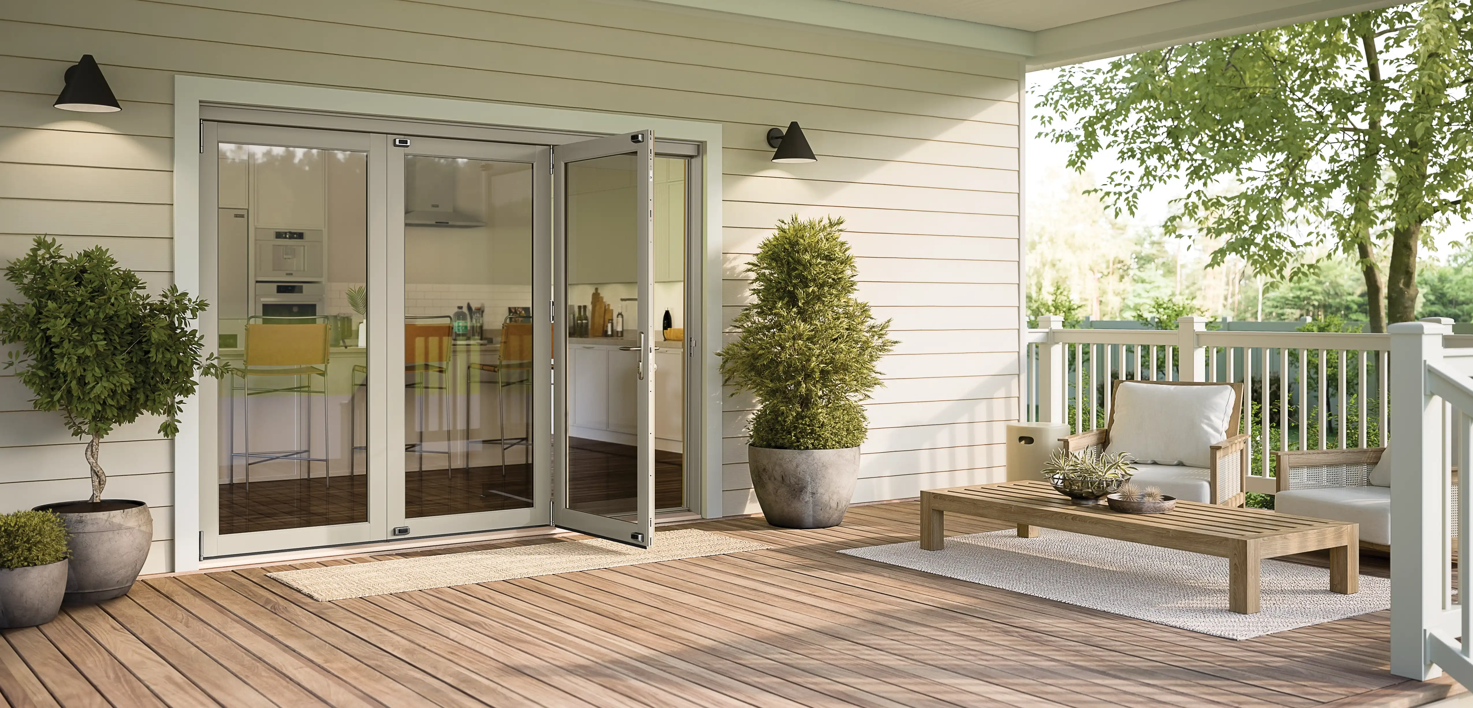 Exterior view of a Marvin Replacement Pebble Gray Bi Fold patio door.