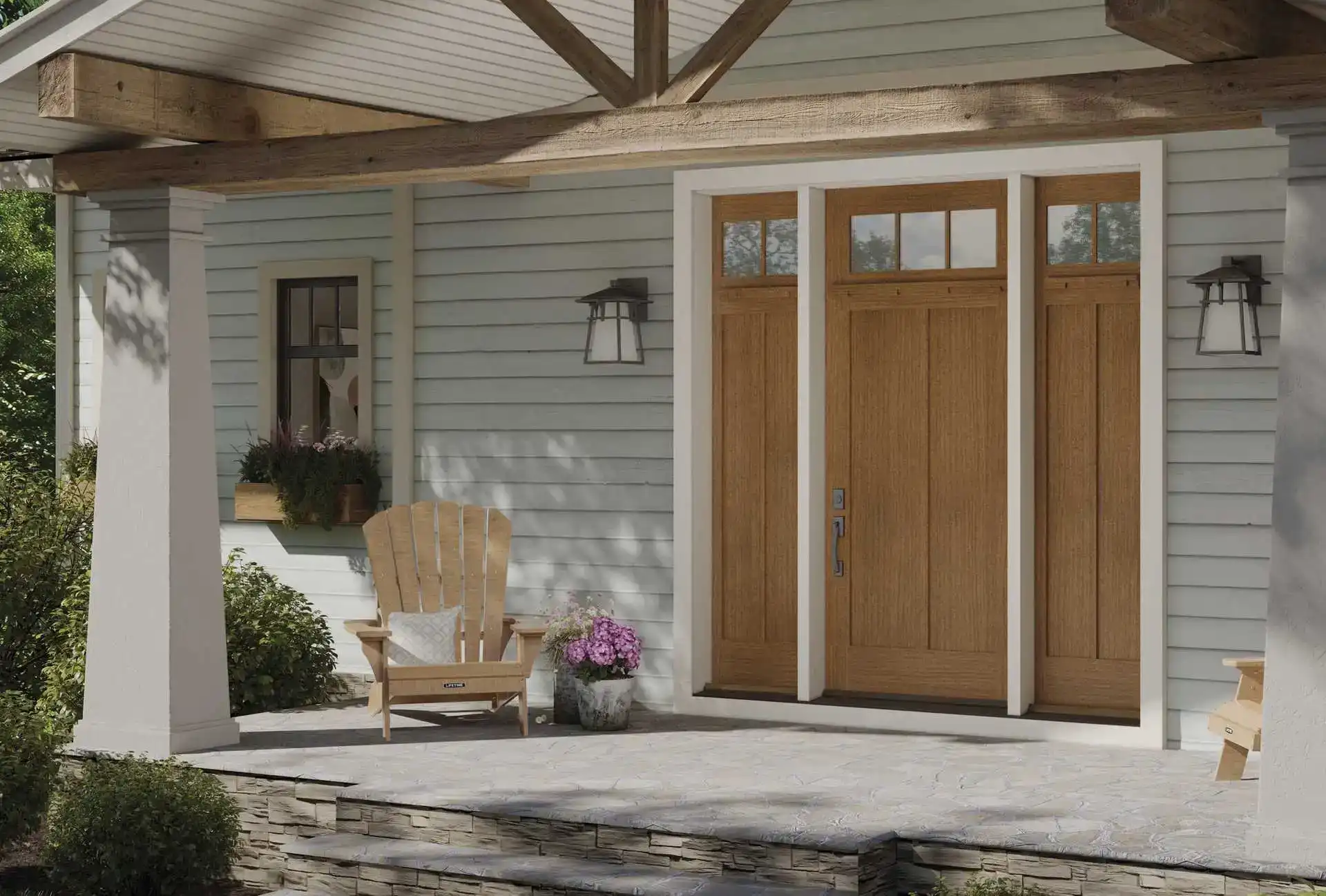 Exterior view of a TruStile Front Door Craftsman style with Hazelnut color on a gray home.