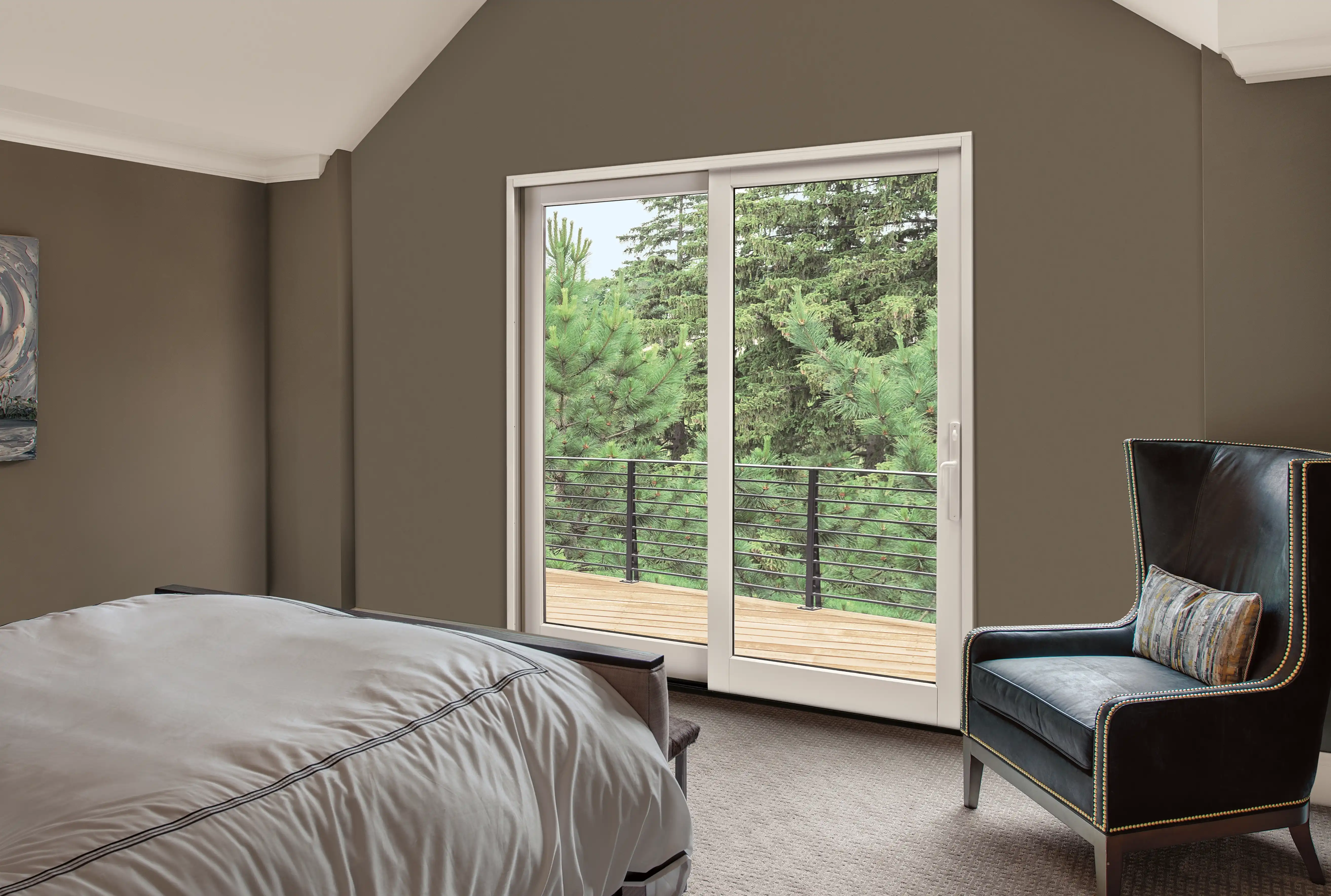 Marvin Replacement Sliding French patio door in a taupe colored bedroom.