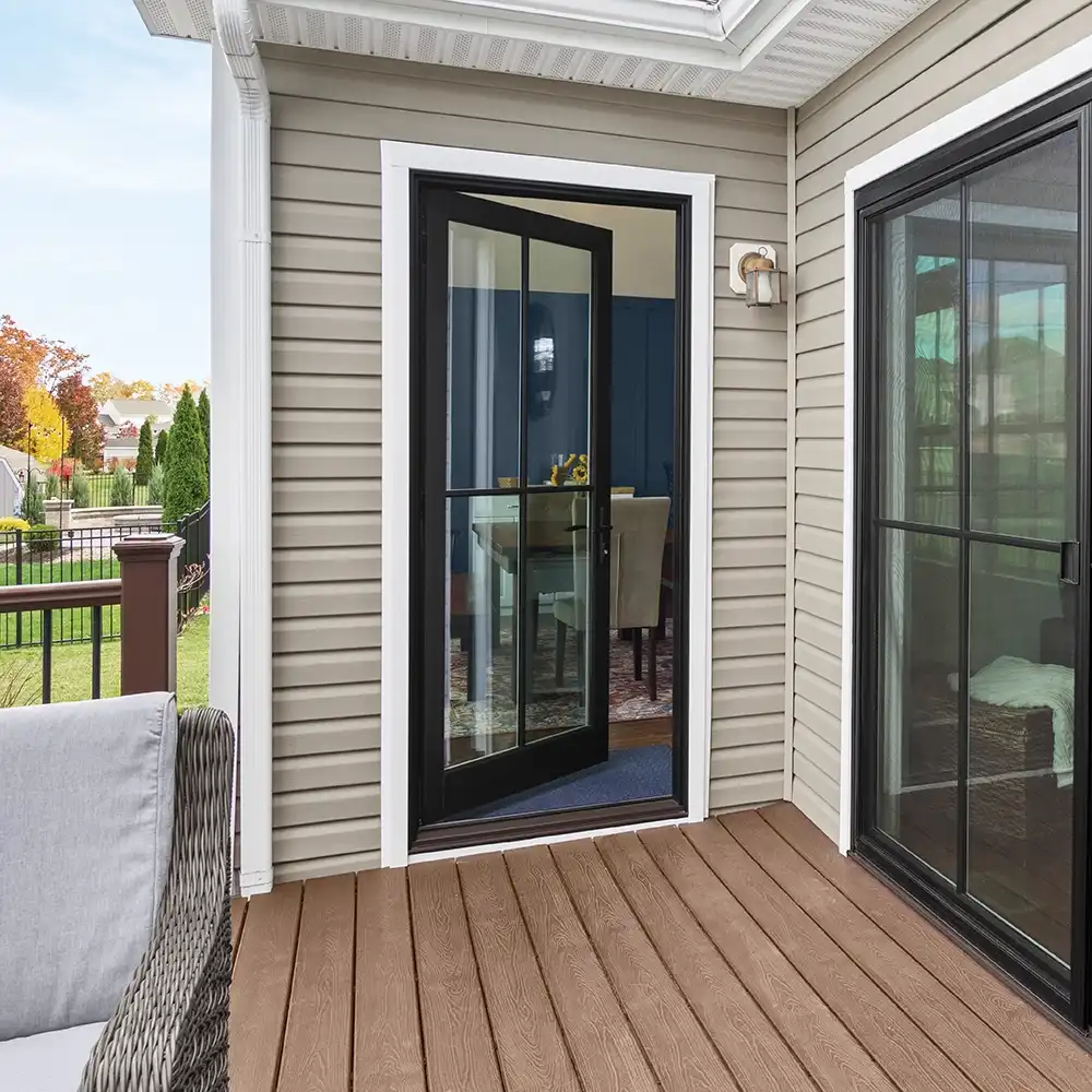 Exterior view of an opened Marvin Replacement French door.