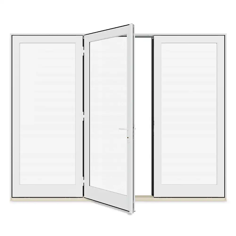 View of a three-panel Marvin Replacement outswing French door with the middle door opened.