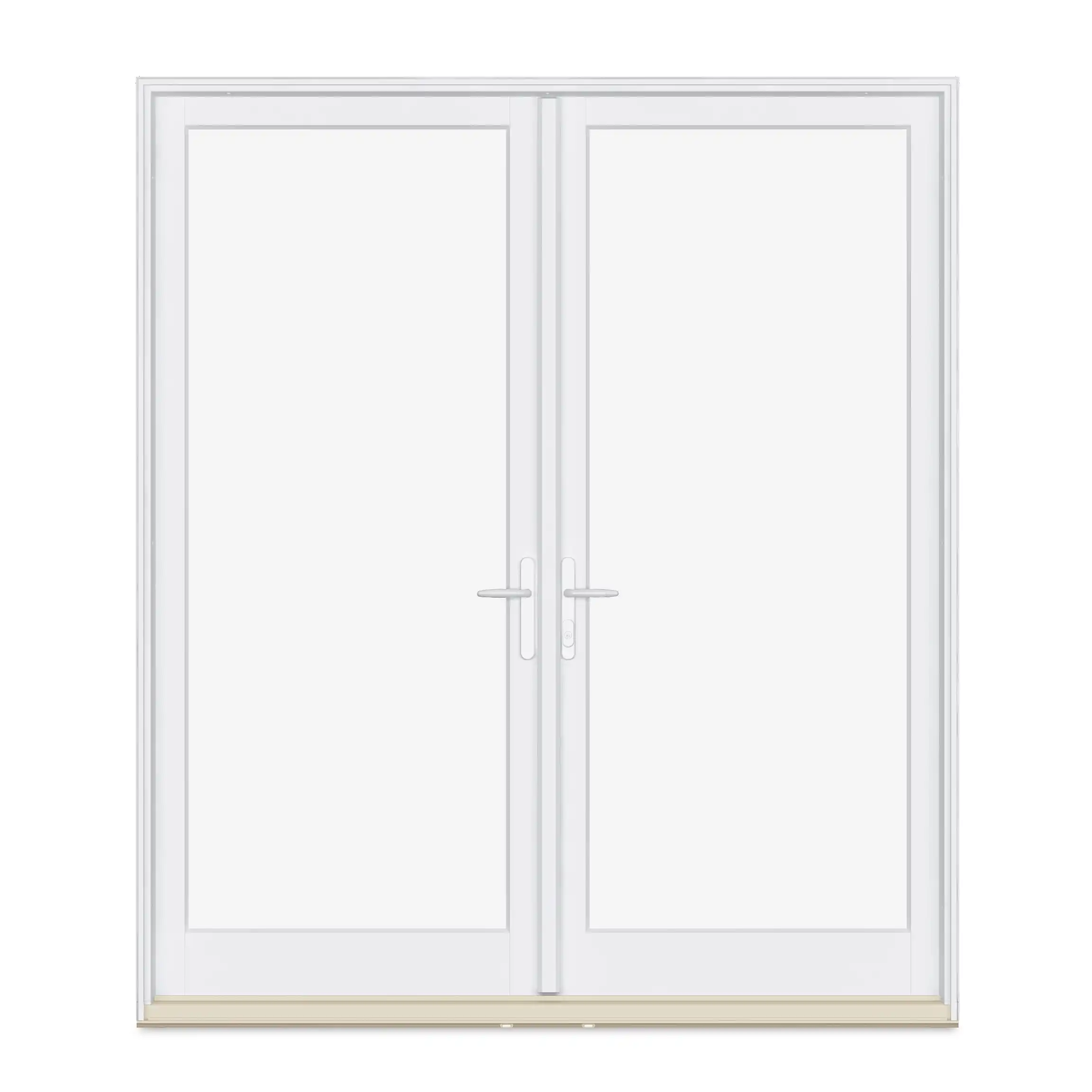 A white Marvin Replacement two-panel Inswing French door with a white Northfield style handle and beige door sill.