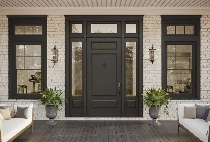 Exterior view of a TruStile Traditional Front Door in Caviar black color with sidelites and transom windows.