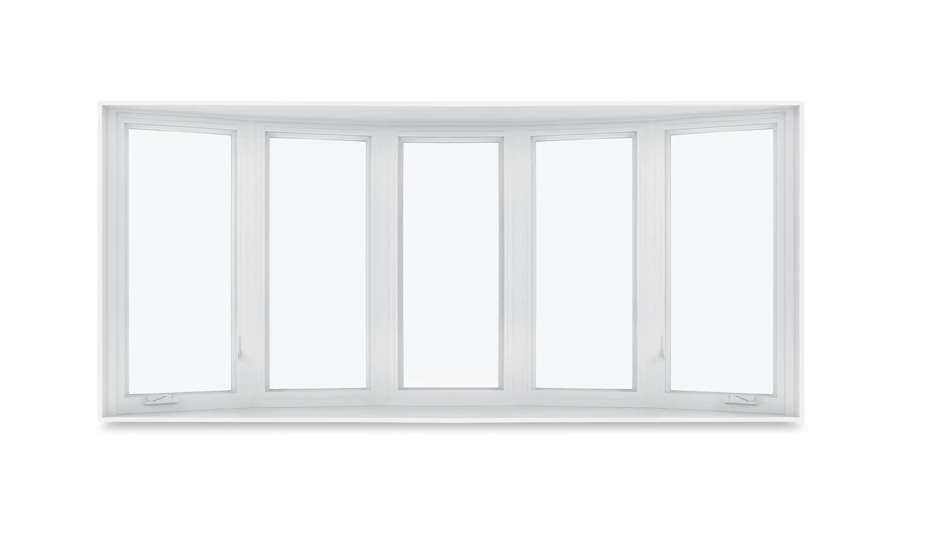 Image of a white five-wide Marvin Replacement Bow window with flanking Casement windows.