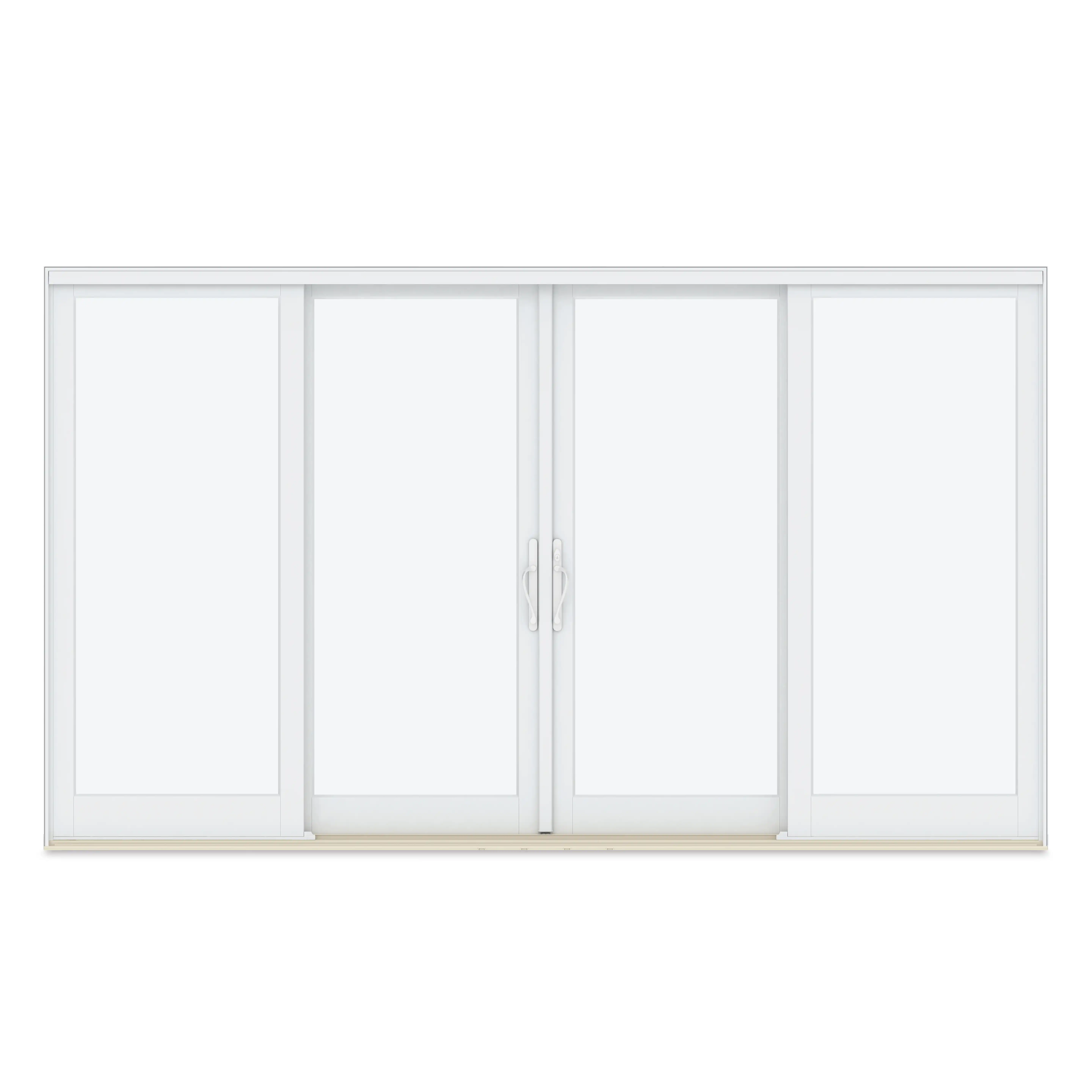 A white Marvin Replacement four-panel sliding French door that parts in the middle.