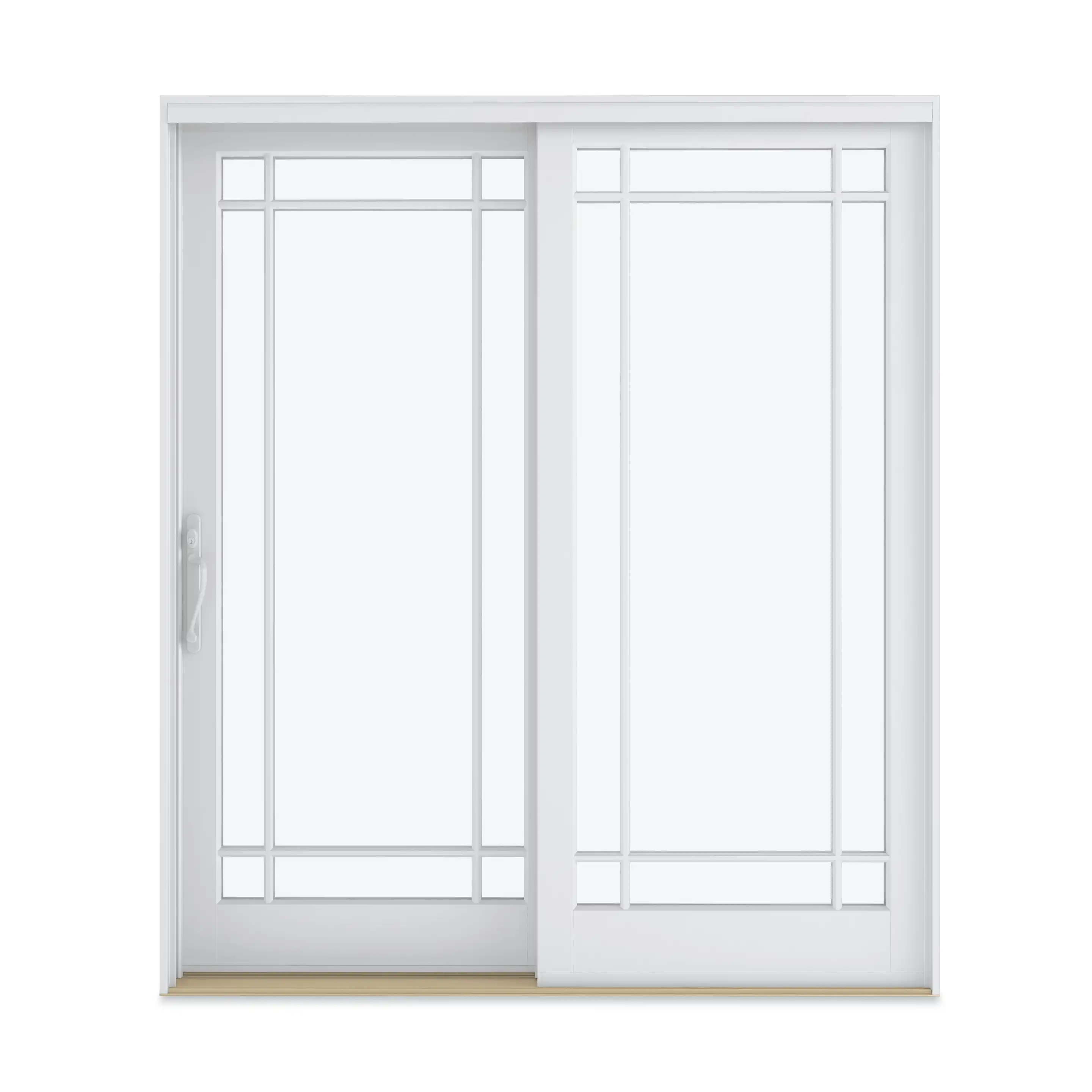 A white Marvin Replacement Sliding French door with Prairie style divided lites.