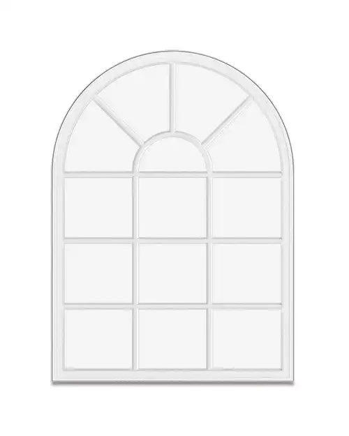 Image of a white Marvin Replacement Round Top window with an open hub three spoke divided lite style.