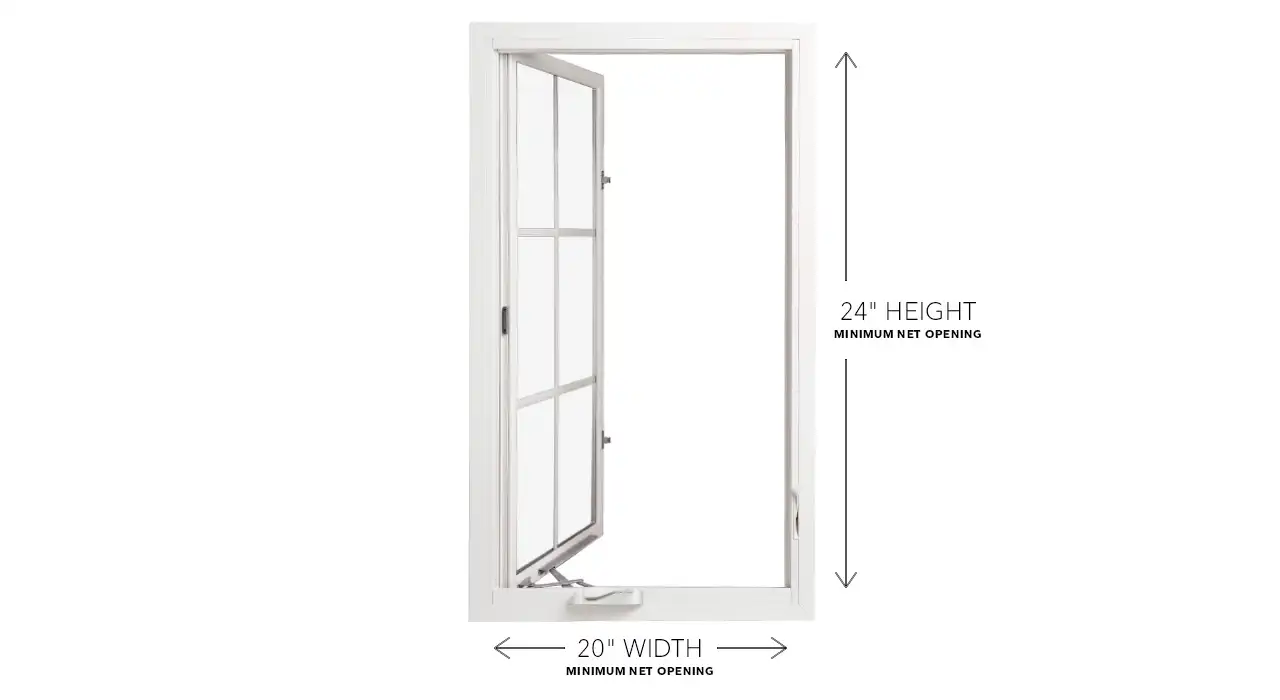Diagram of a casement window with egress requirement dimensions.