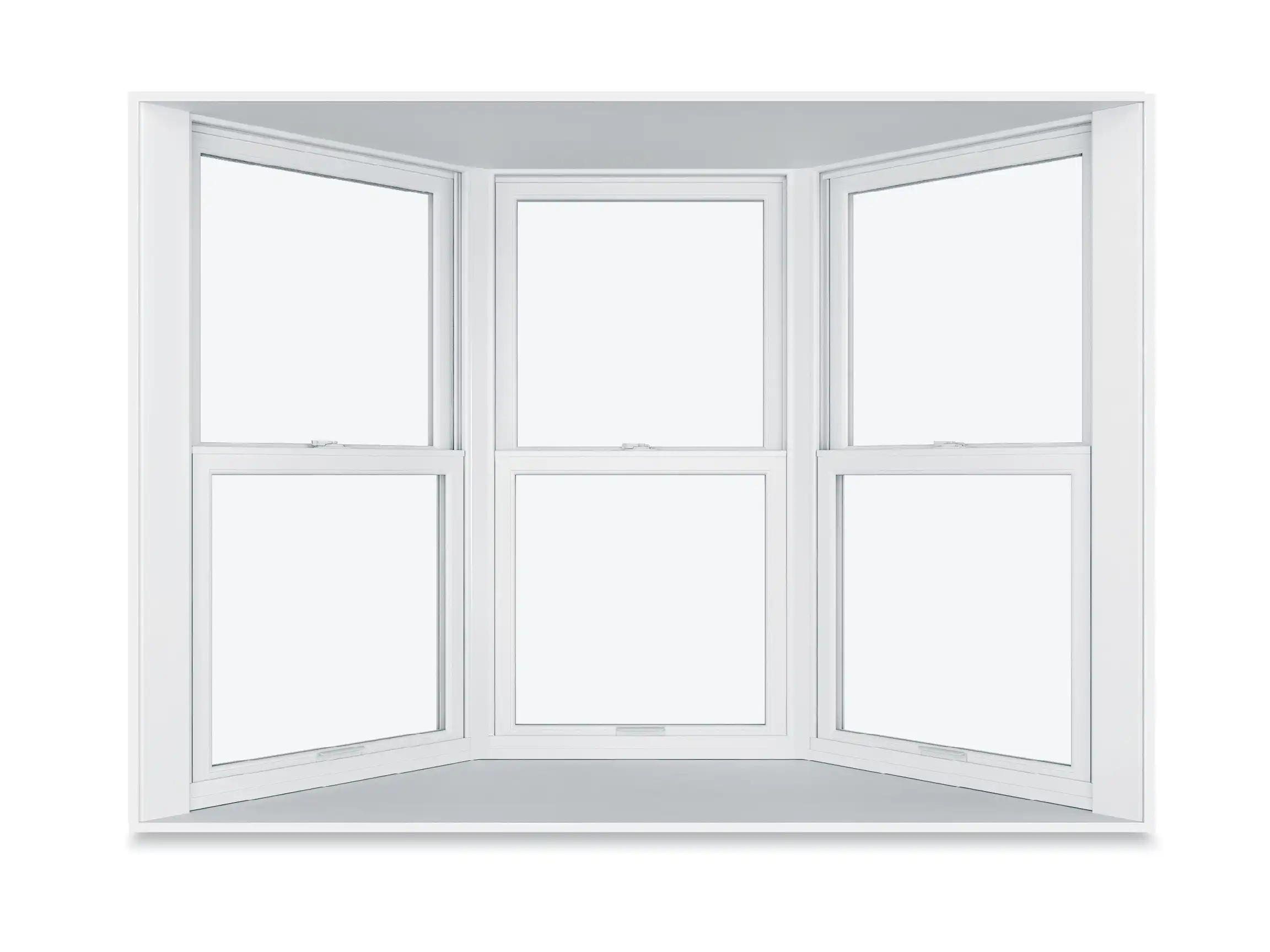 View of a white Marvin Replacement Bay window with three operating Double Hung windows.