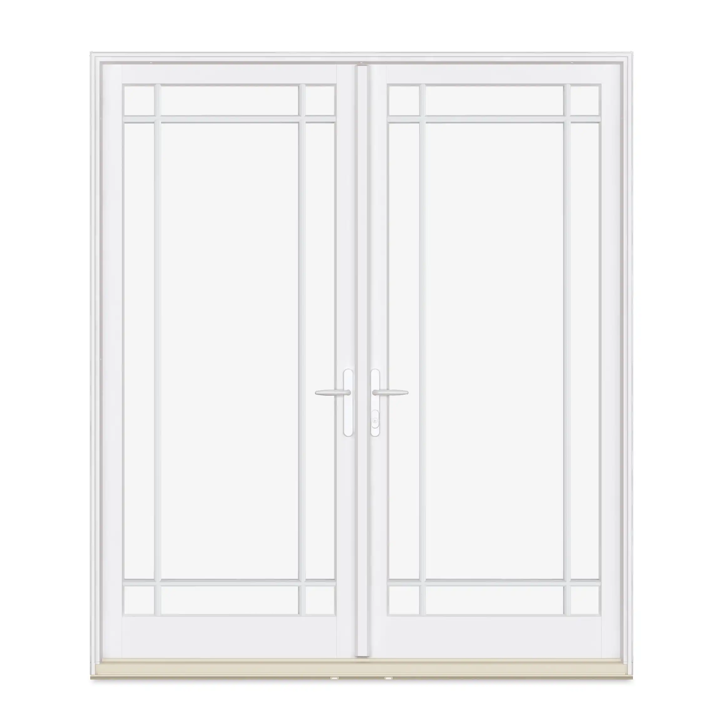 A white Marvin Replacement Inswing French door with Prairie style divided lites and a Northfield style door handle.