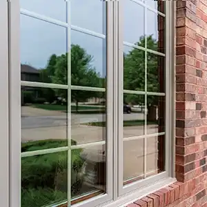 Exterior view of a light brown Marvin Replacement window with divided lites on an brick home.