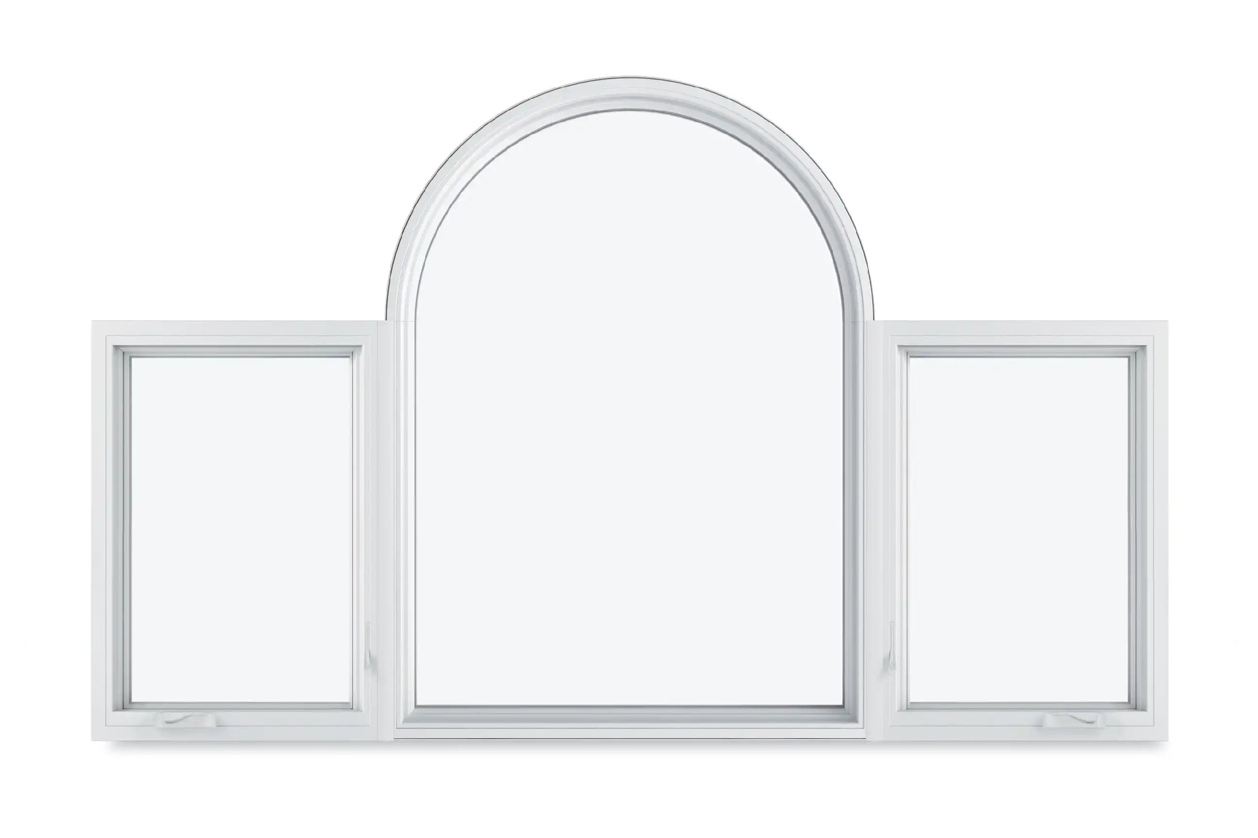 View of two white Marvin Replacement Casement windows with a white picture window in the middle.