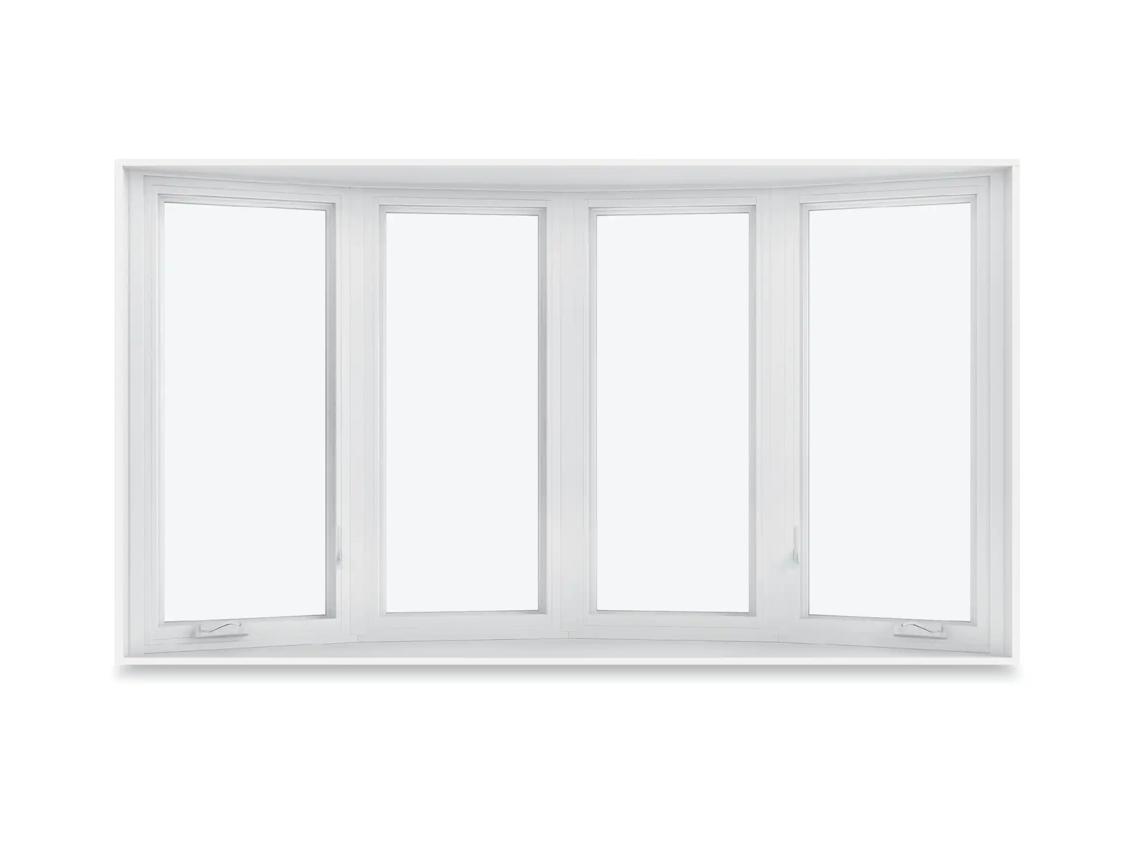 Image of a white four-wide Marvin Replacement Bow window with flanking Casement windows. 