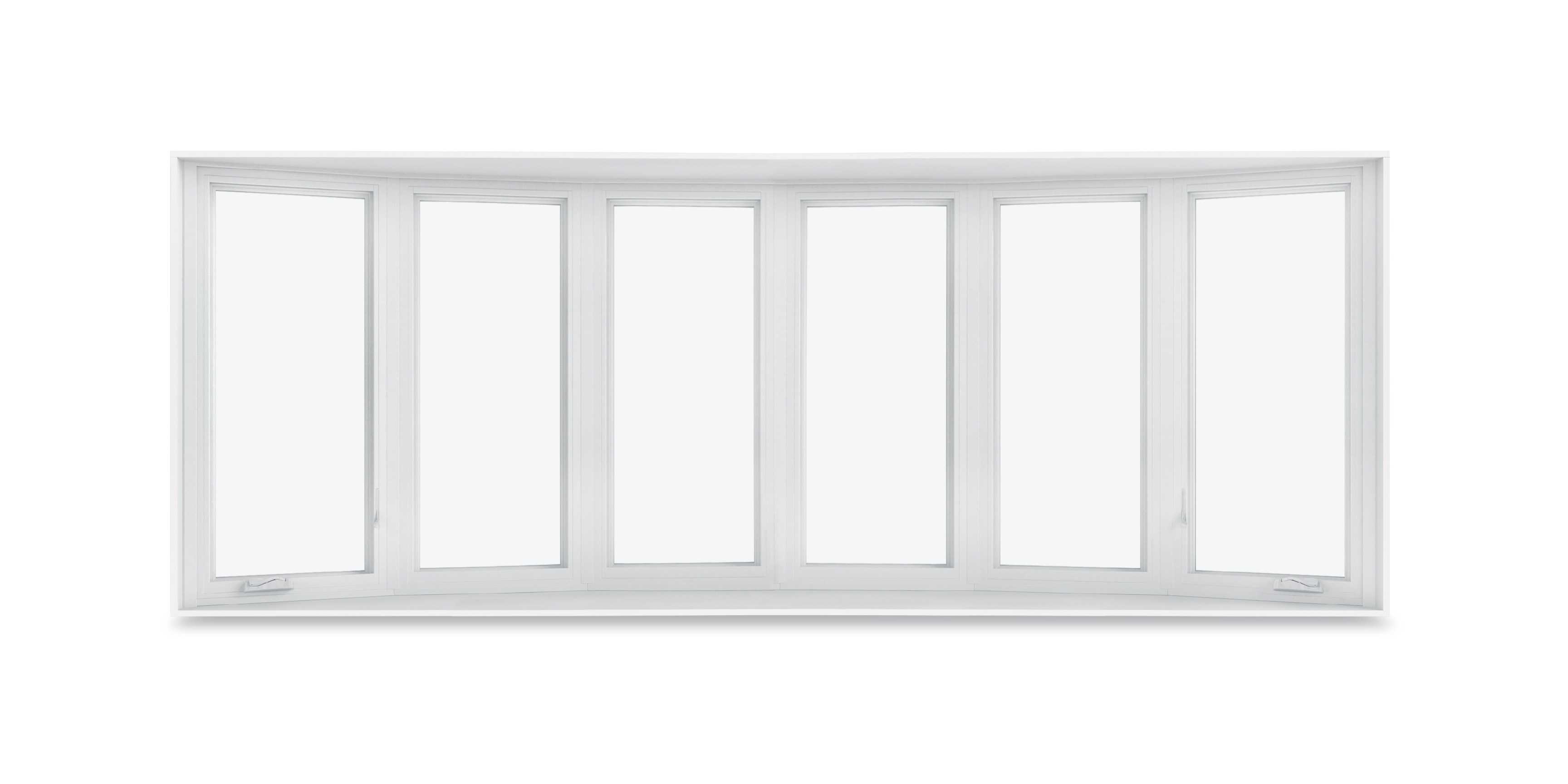 Image of a white six-wide Marvin Replacement Bow window with flanking Casement windows. 