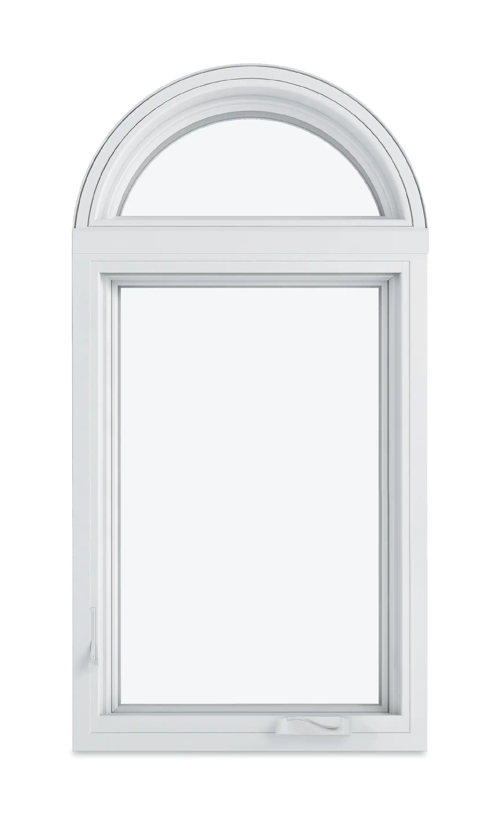Image of a white Marvin Replacement Casement window with a half Round Top window above.