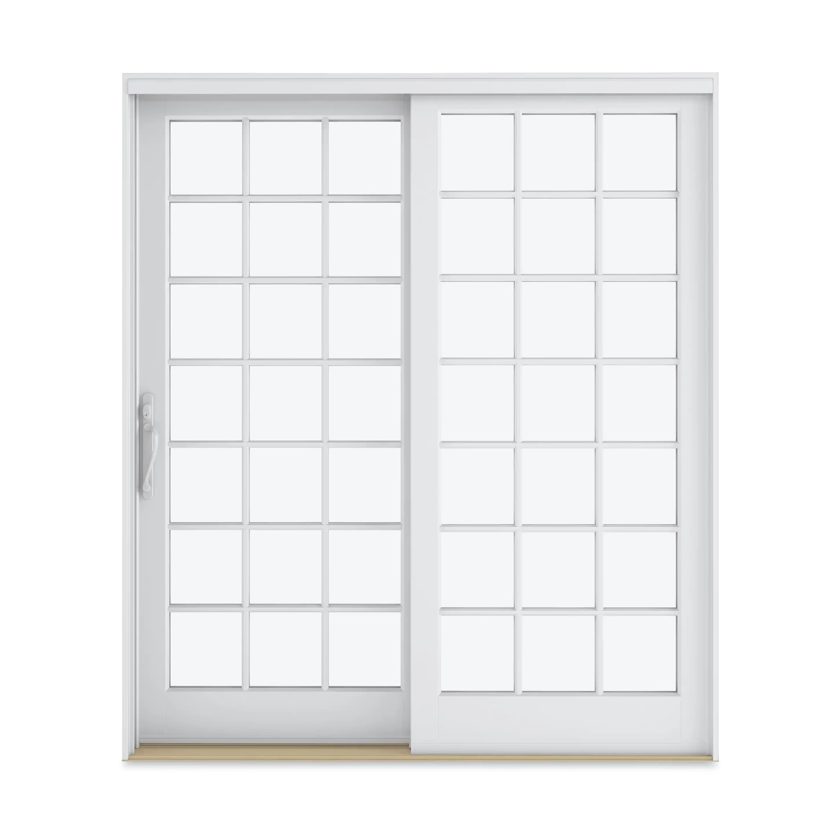 A white Marvin Replacement two-panel Sliding French door with Standard divided lite pattern.