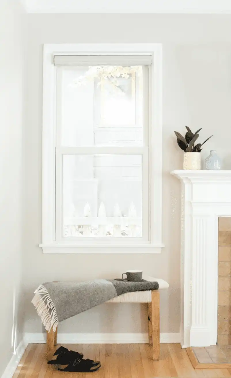 Interior entry image featuring a Double Hung Window in Stone White interior finish with White hardware.