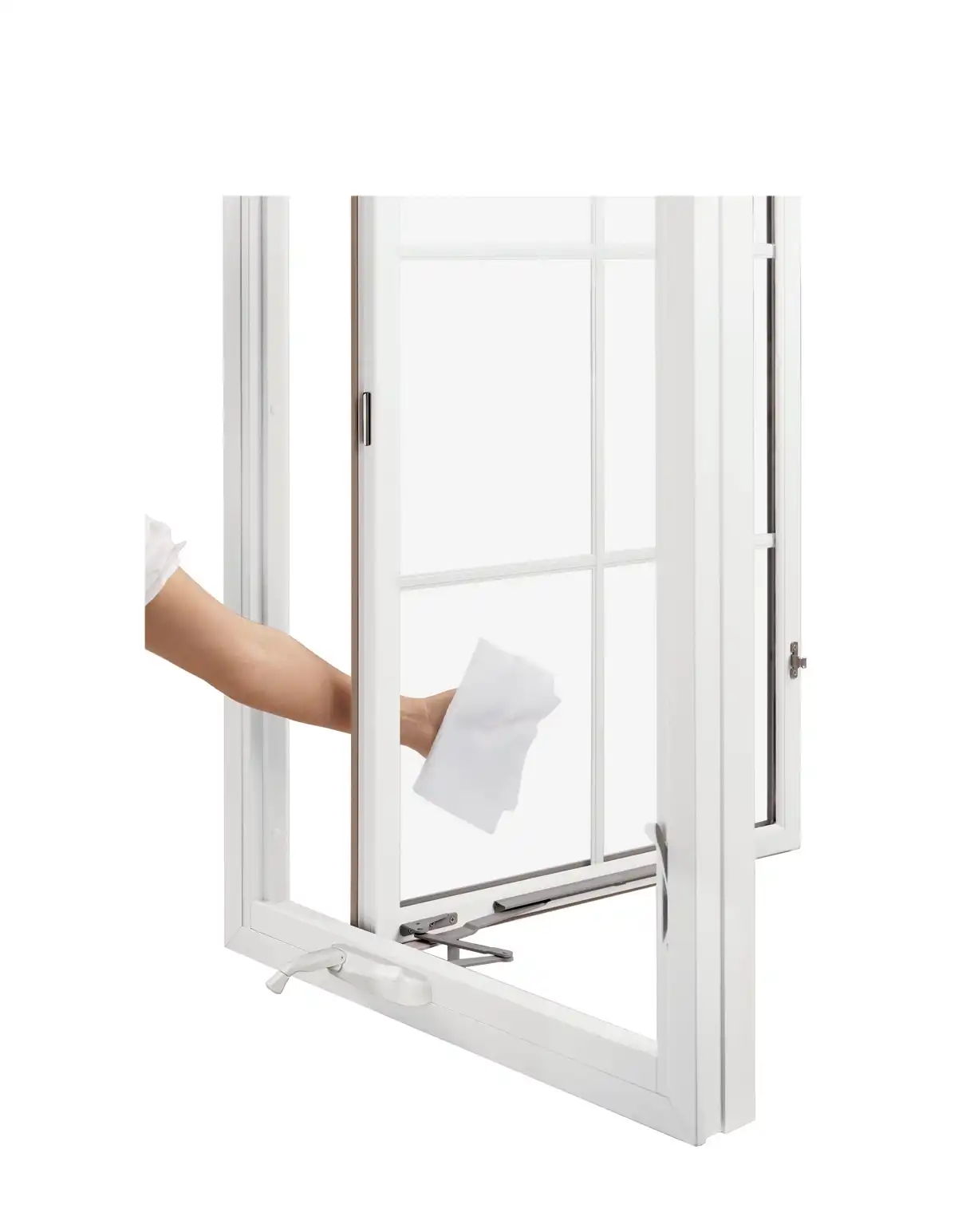 Image of a person wiping an opened Marvin Replacement Casement window with a cloth.