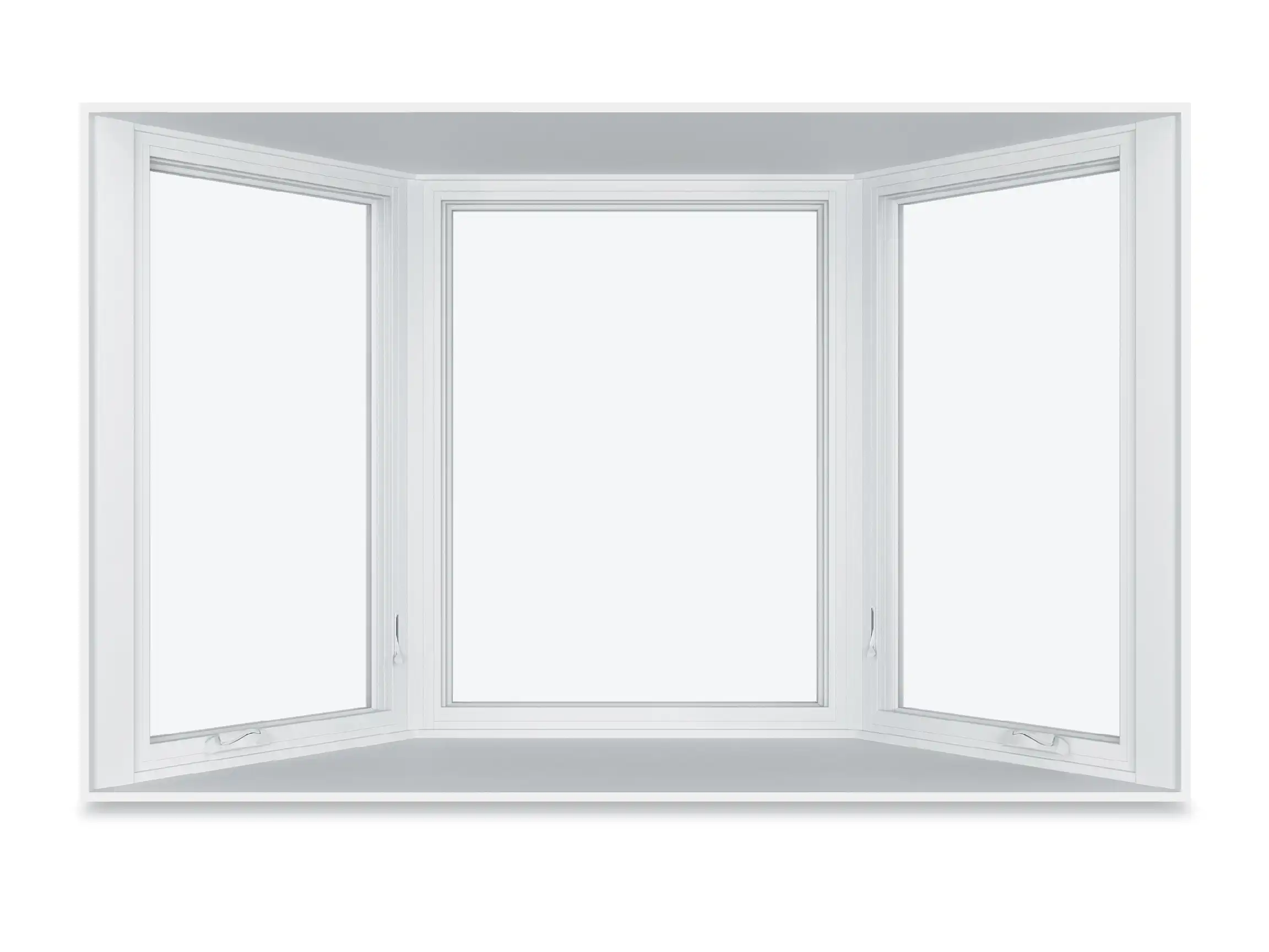 View of a white Marvin Replacement window with flanking Casement windows and a picture window in the middle.