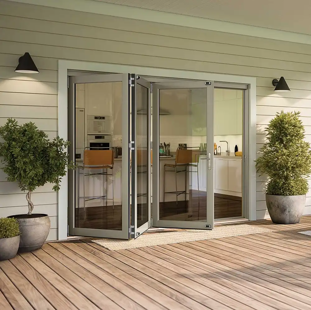 Exterior porch image featuring a unidirectional Bi-Fold Door partially open in Pebble Gray finish.