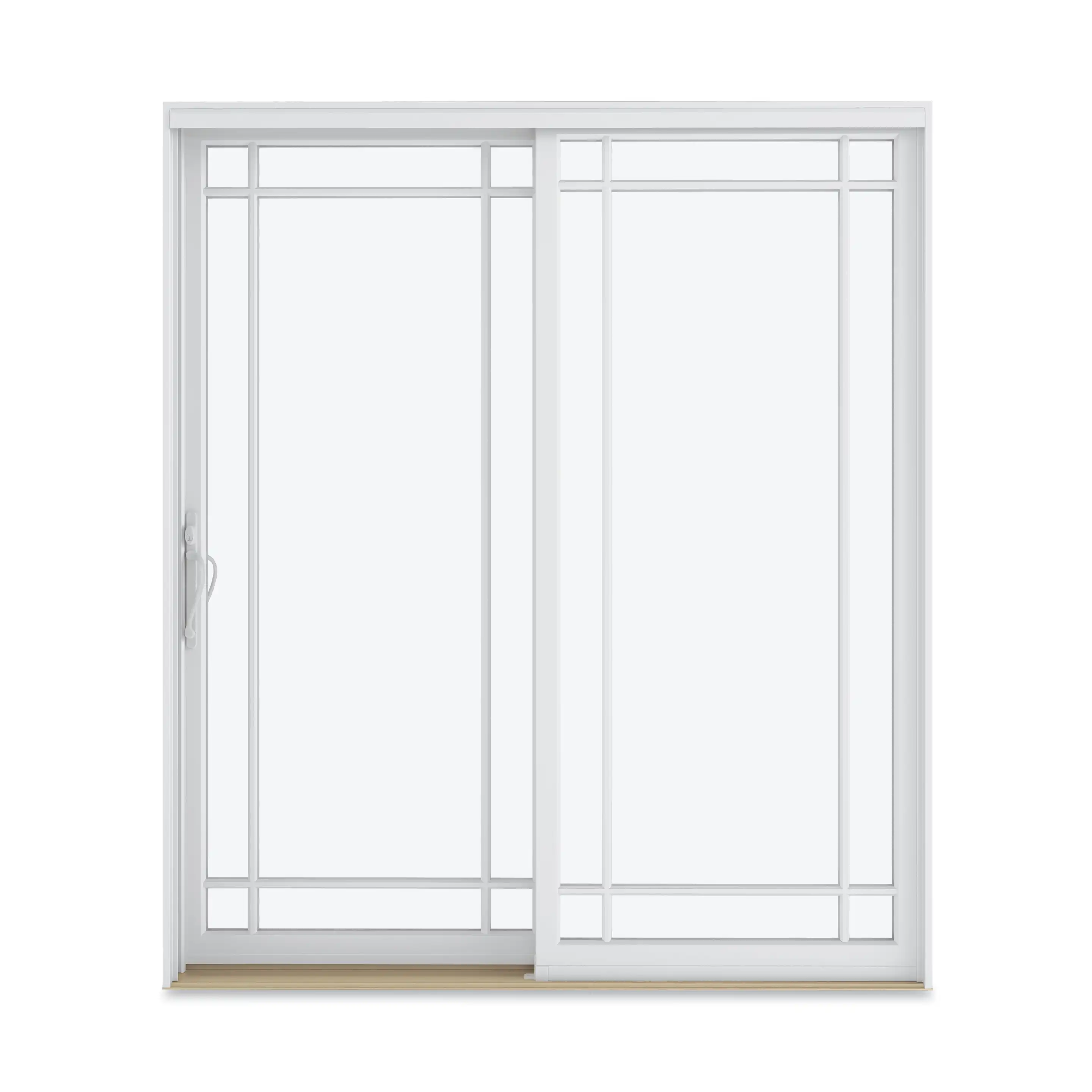 Marvin Replacement white two-panel Sliding Glass Patio Door with Prairie Style divided lites.