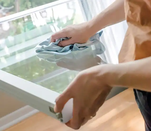 Woman cleans a Marvin Replacement window with a blue rag